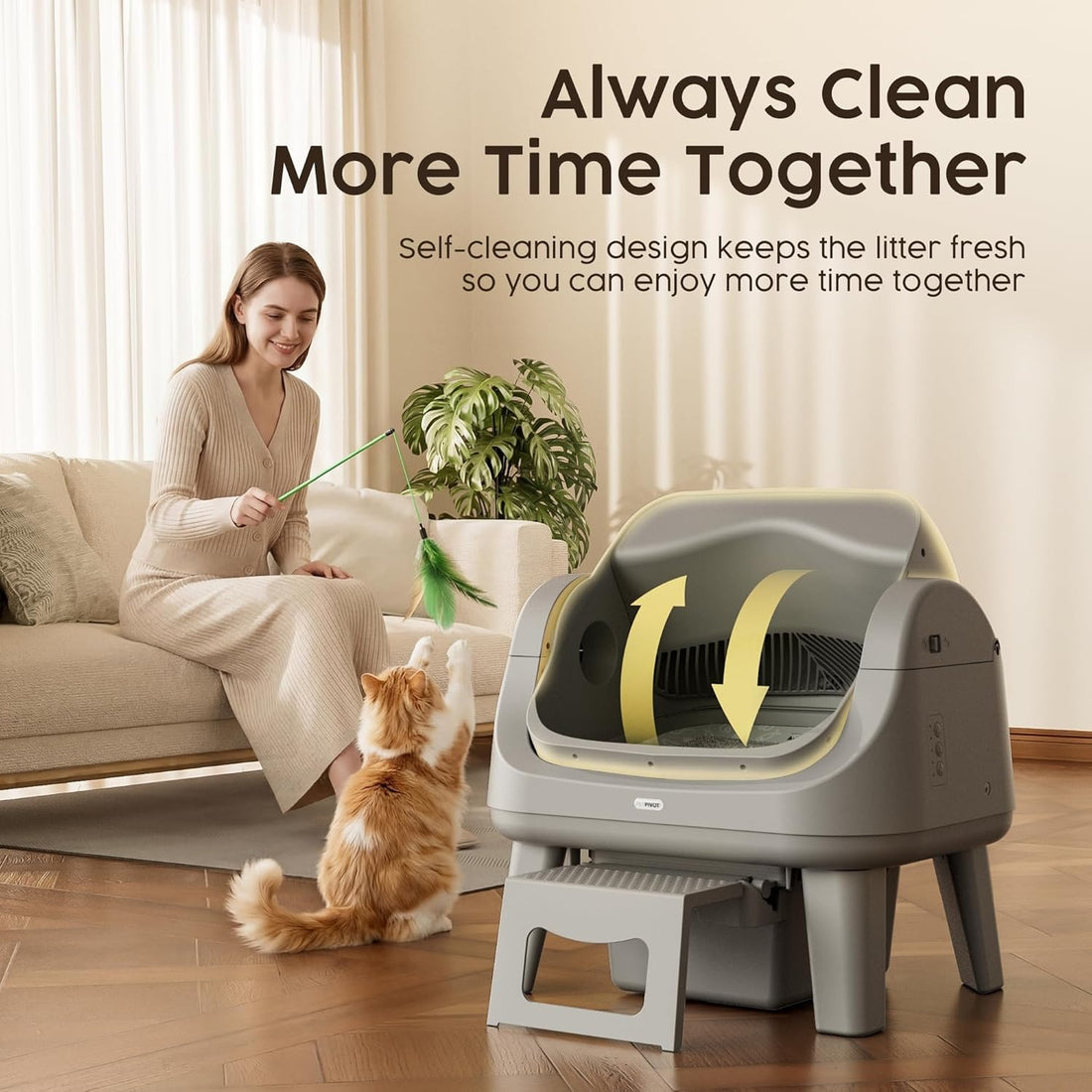PetPivot Open Top Self Cleaning Cat Litter Box, Automatic Litter Box with 7 Pairs of Safety Sensors, Anti-Pinch Protection and Easy Access Step for Senior Cats, Dark Grey